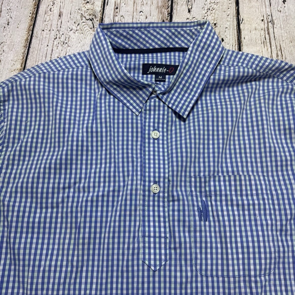 Johnnie-O Shirt Mens Medium Blue Gingham Check Long Sleeve Button Henley Popover